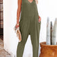 Green Textured Sleeveless V-Neck Pocketed Casual Jumpsuit