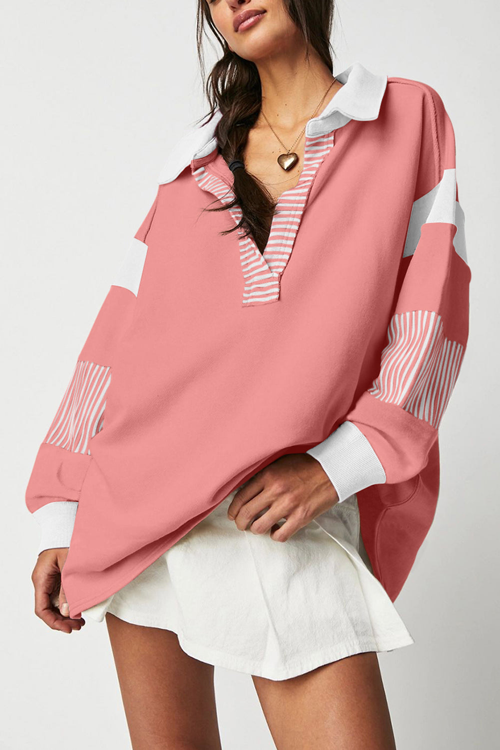 Sail Blue Striped Colourblock Patchwork Collar Sweatshirt