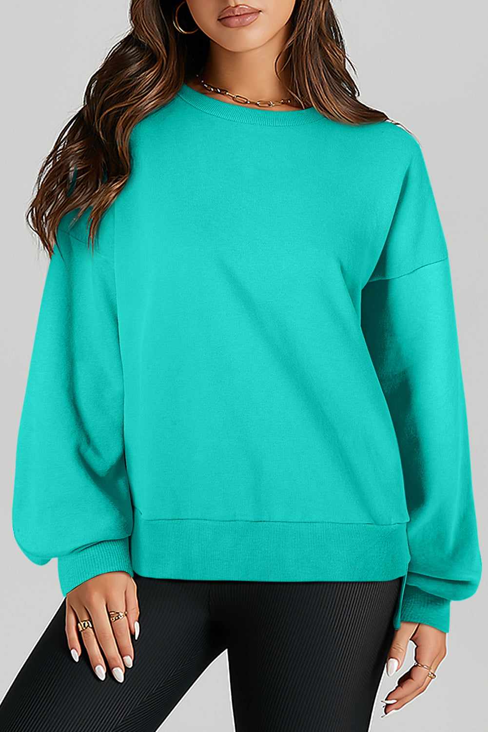 Black Solid O Neck High Low Hem Pullover Sweatshirt