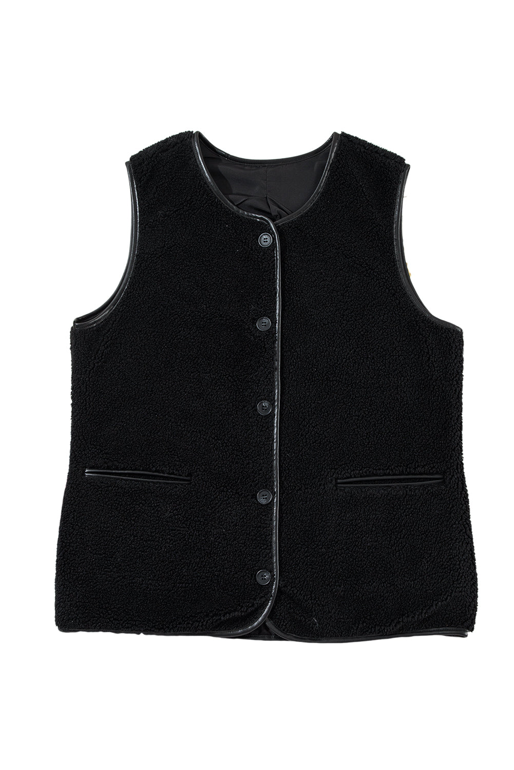 Black Leather Contrast Buttoned Fleece Sleeveless Jacket