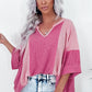 Bright Pink Textured Colourblock 3/4 Sleeve Oversize Top