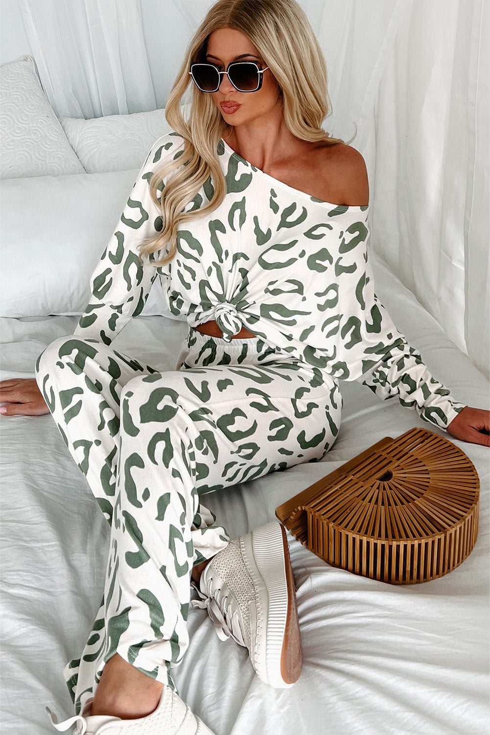 Beige Leopard Animal Print Long Sleeve and Trousers Loungewear Set