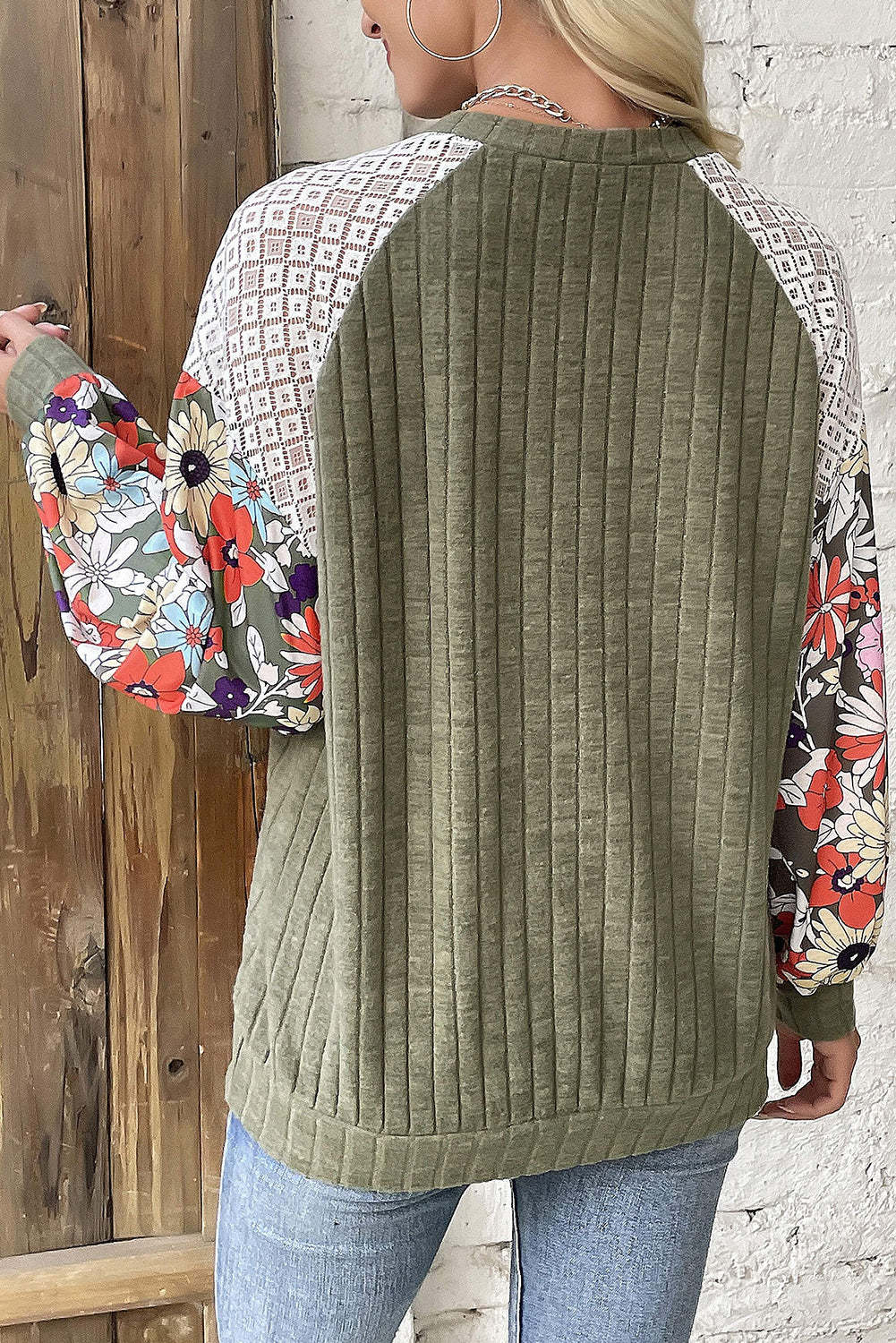 Vineyard Green Plus Size Textured Floral Patchwork Raglan Sleeve Blouse