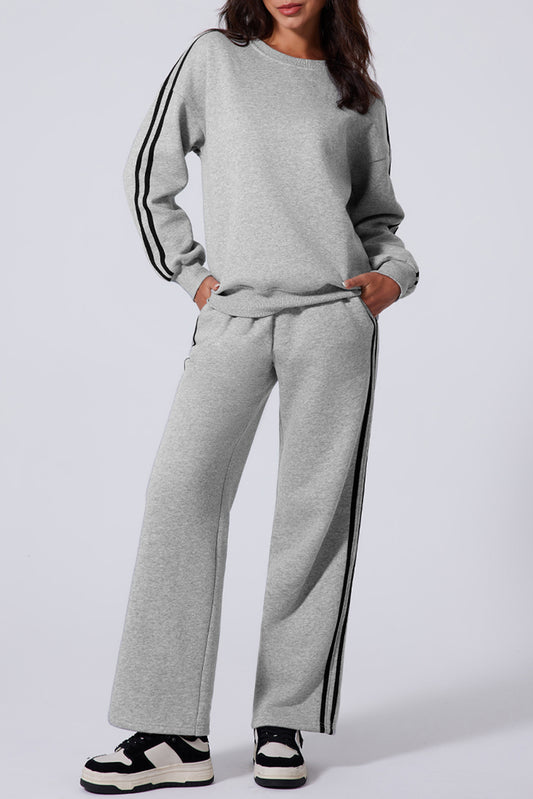 Light Grey Solid Colour Side Striped Sweatshirt Active Set