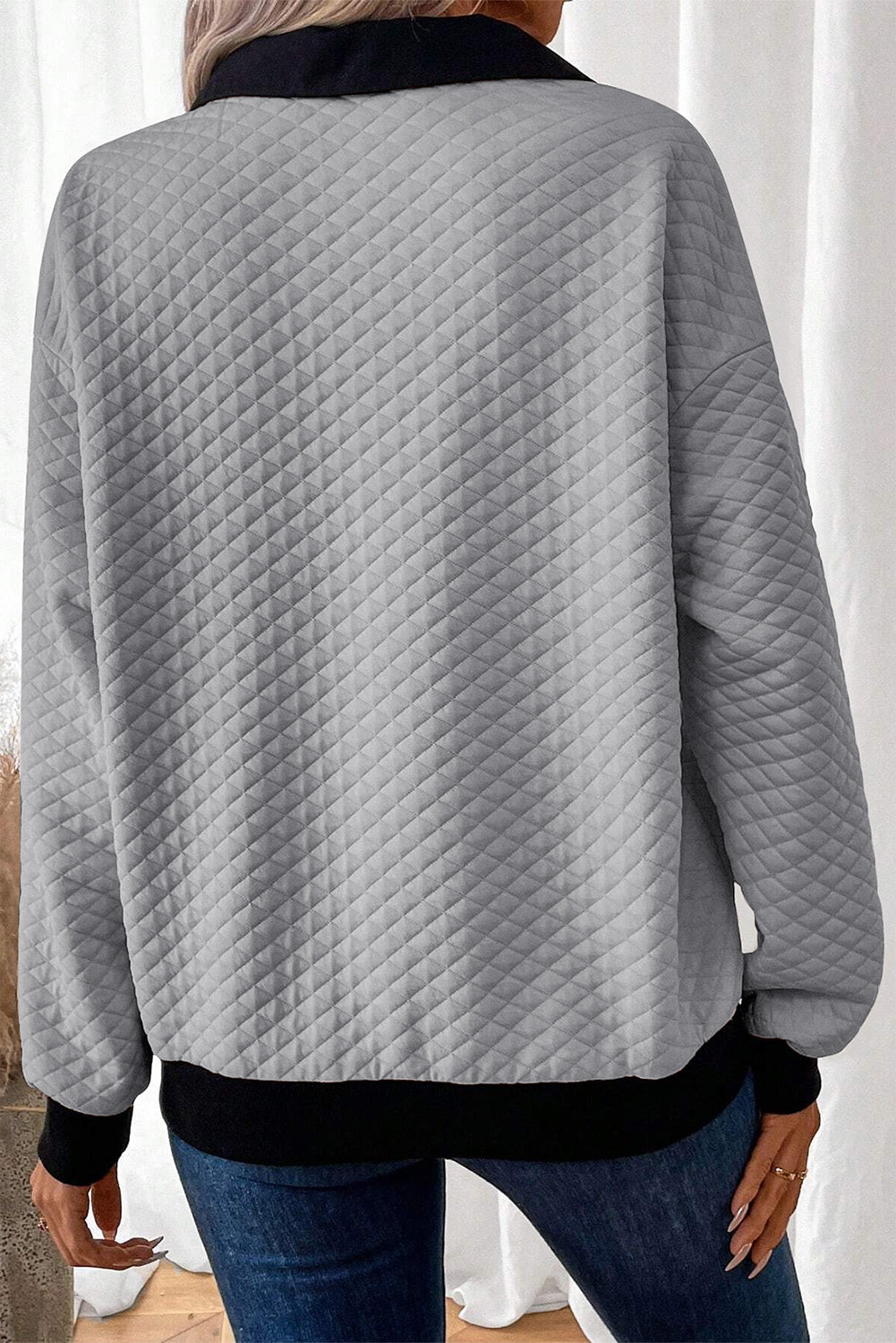 Light Grey Textured Colourblock Edge Buttoned Collar Sweatshirt