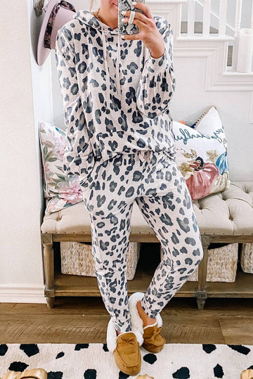 Khaki Leopard Print Drawstring Hoodie and Bottoms Pyjamas Lounge Set