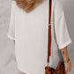 White Solid Color Corded Drop Shoulder 3/4 Sleeve V Neck Top