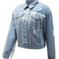 Sky Blue Sequin Embellished Fringe Distressed Denim Jacket