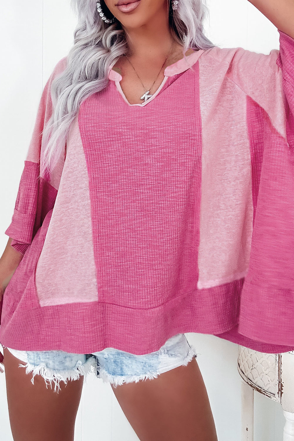 Bright Pink Textured Colourblock 3/4 Sleeve Oversize Top