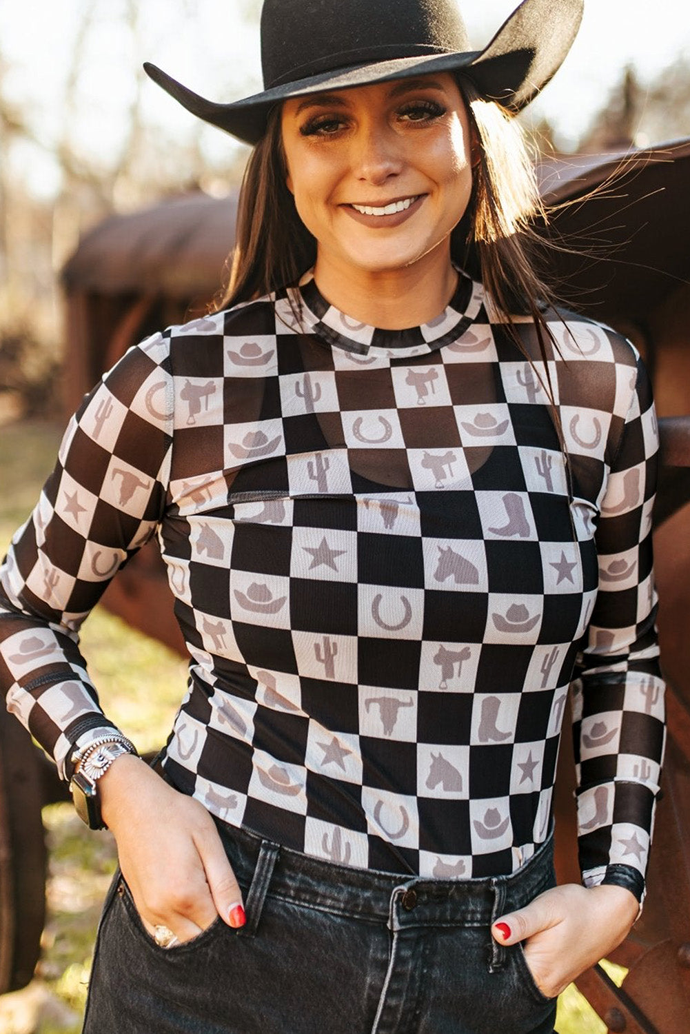 Black Checkerboard Western Elements Printed Mesh Long Sleeve Top