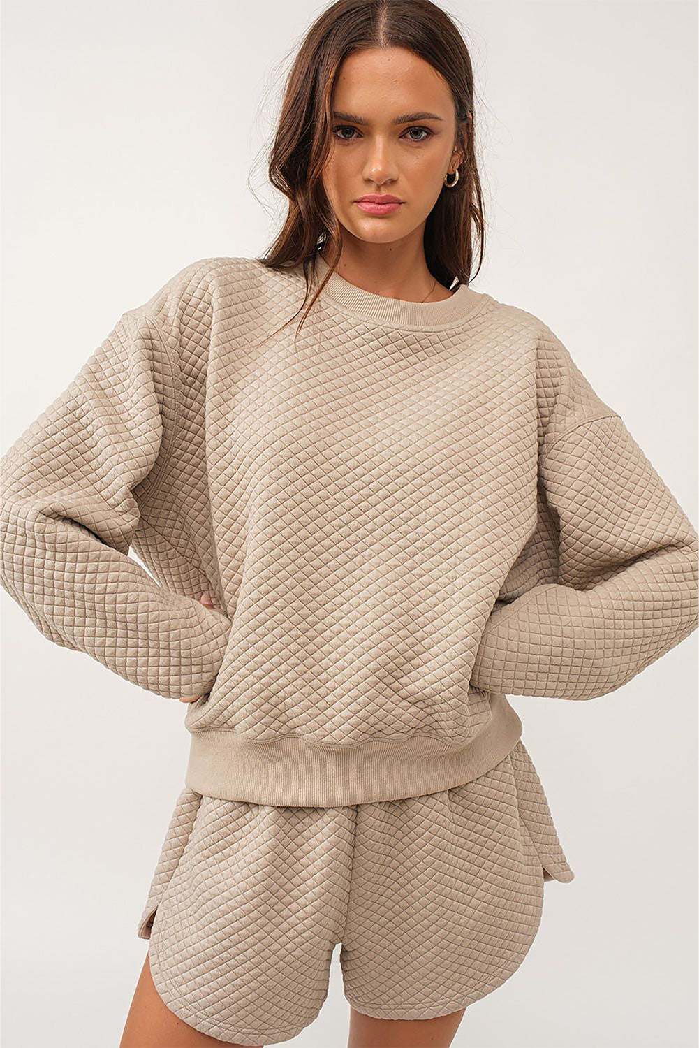 Parchment Solid Colour Quilted Long Sleeve Top and Shorts Set