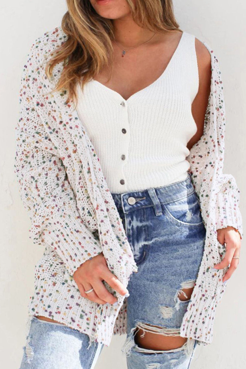 White Multicolour Dotted Rib Knit Long Sleeve Cardigan