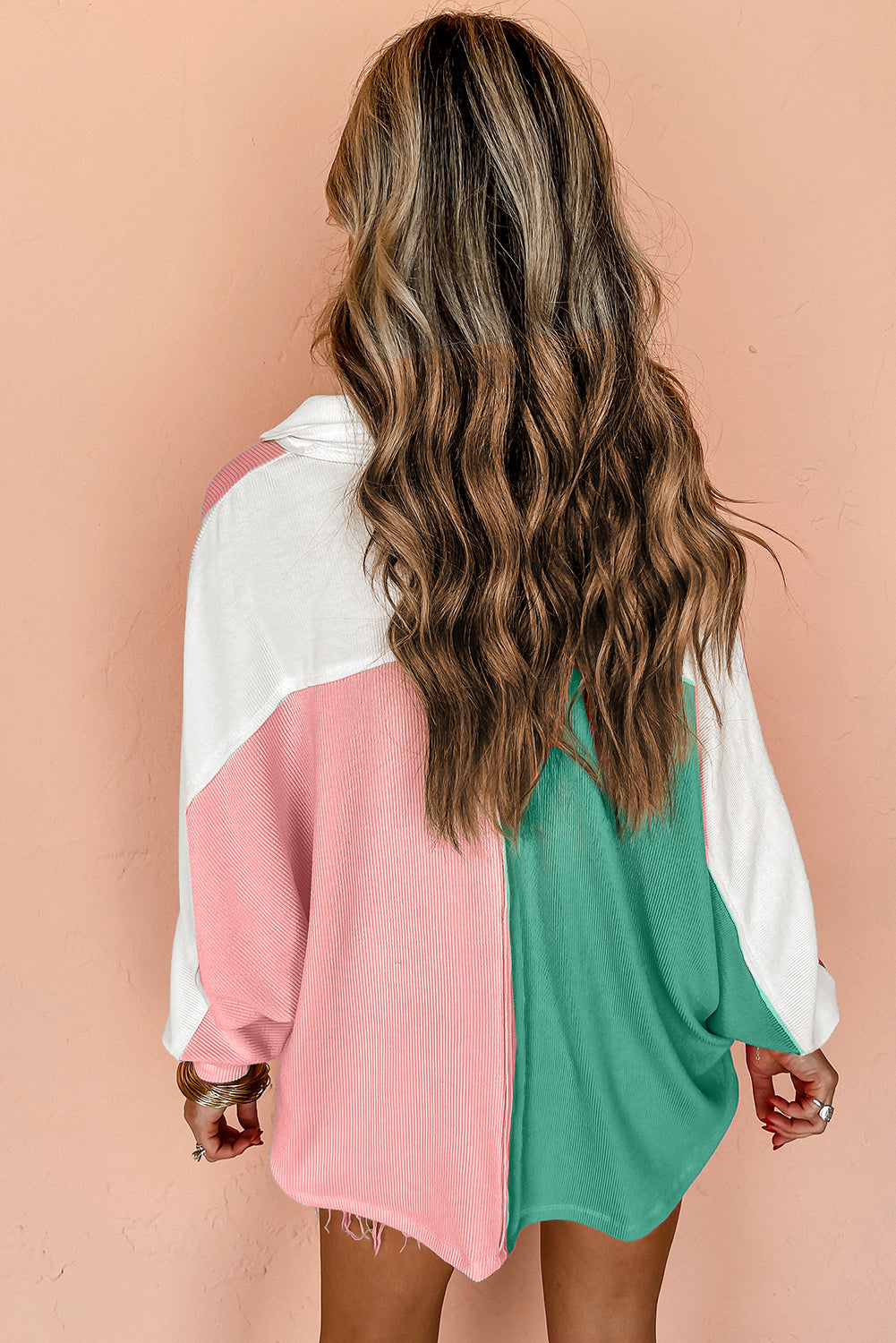 Pink Colourblock Ribbed Collared Oversized Sweatshirt