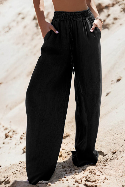 Black Drawstring High Waist Wide Leg Denim Trousers