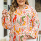 Orange Printed Floral Abstract Print Frilled V Neck Plus Size Blouse