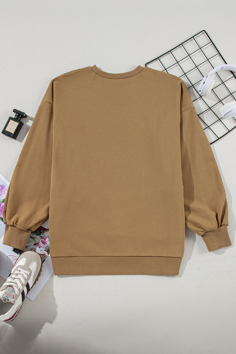 Black Solid O Neck High Low Hem Pullover Sweatshirt