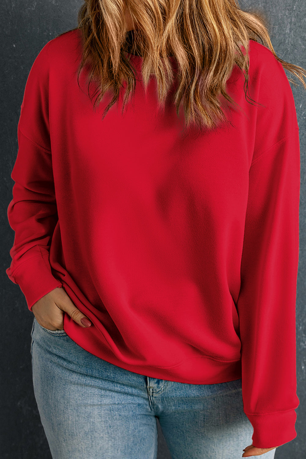 Racing Red Solid Crew Neck Drop Shoulder Plus Size Sweatshirt