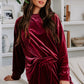 Fiery Red Solid Velvet Two Piece Lounge Set