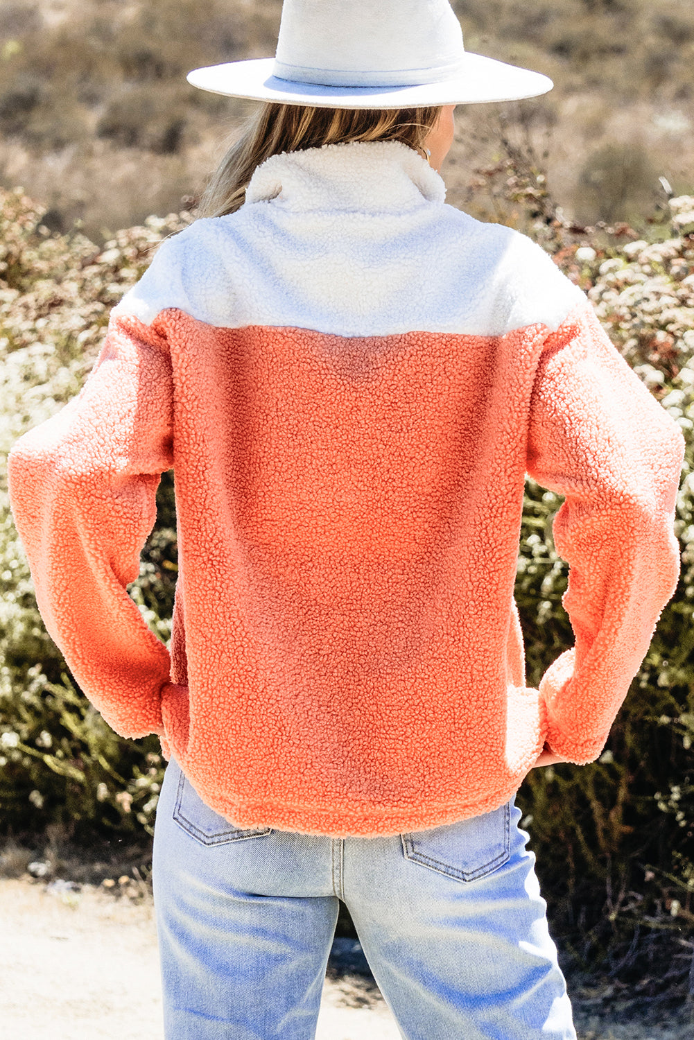 Orange Colourblock Half Zipper Stand Neck Sherpa Sweatshirt