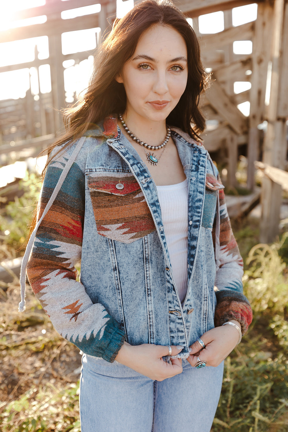 Multicolour Aztec Print Frayed Hem Denim Jacket