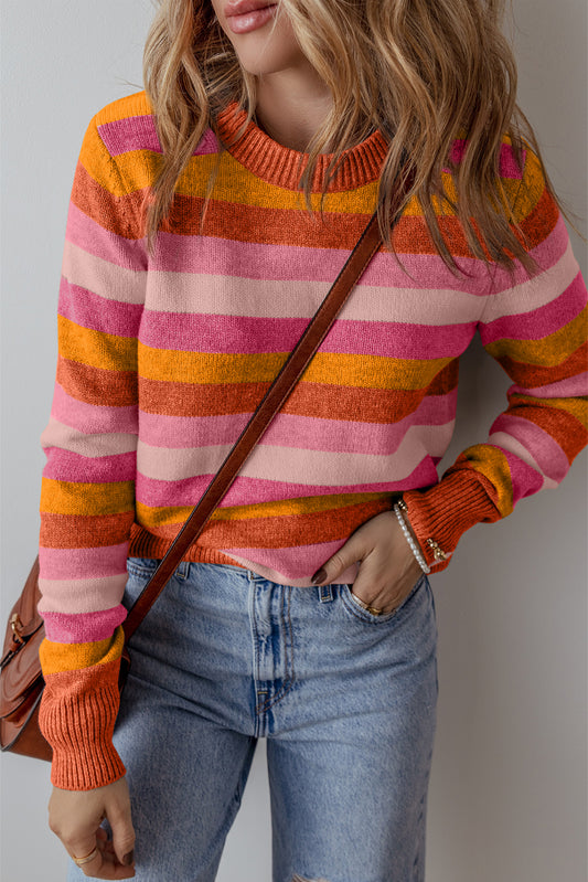 Orange Colour Block Ribbed Edge Round Neck Sweater