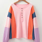 Pink Colorblock Long Sleeve Buttons Henley Top