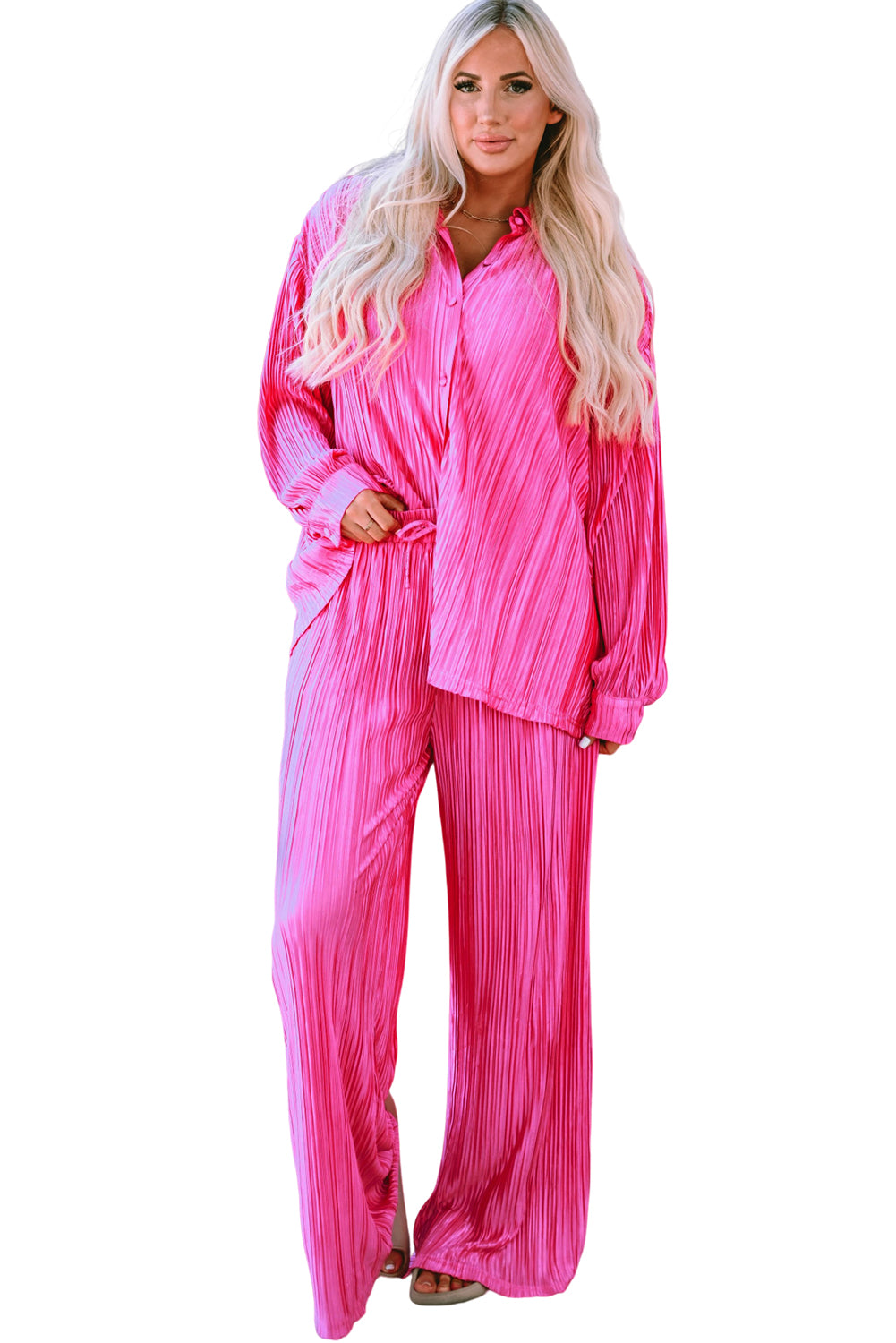 Rose Pleated Long Sleeve Shirt and Wide-Leg Trousers Set