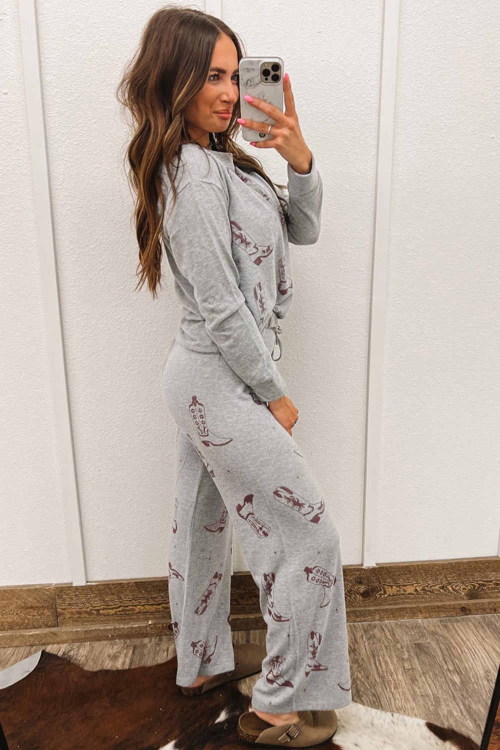 Grey Cowgirl Boots Printed Long Sleeve Top Trousers Lounge Set