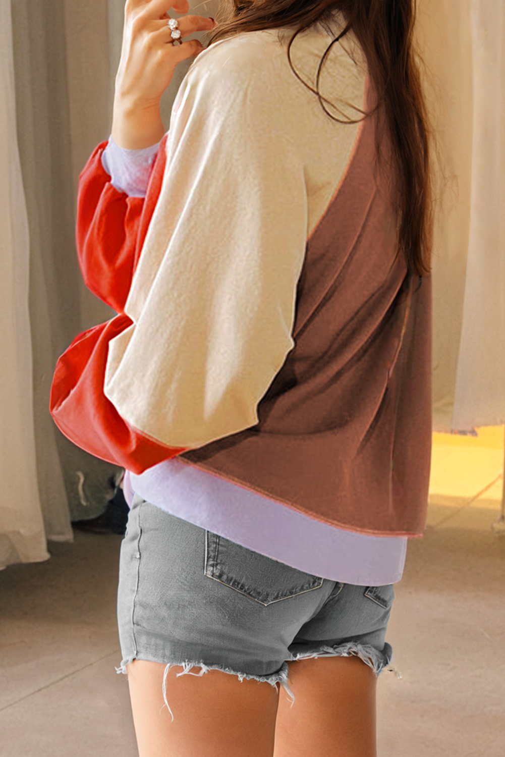 Orange Colour Block Side Slits Raglan Sleeve Loose Fit Top