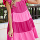 Pink Crinkled Colorblock Patchwork Flutter Tiered Mini Dress