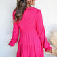 Rose Red Colorful Crochet V Neck Textured Tiered Ruffled Long Sleeve Mini Dress