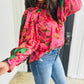 Rose Abstract Print Frilly Neckline Puff Sleeve Blouse