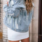 Sky Blue Sequin Embellished Fringe Distressed Denim Jacket