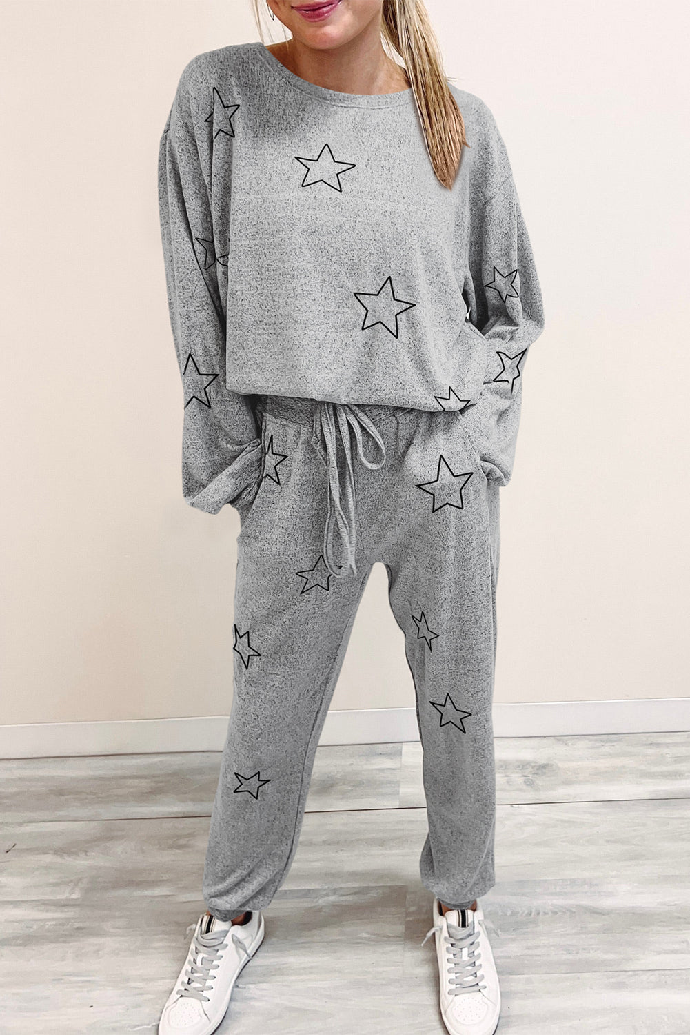 Grey Stars Print Long Sleeve Drawstring High Waist Lounge Set