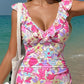 Pink Floral Ruffle Trim V Neck Lace-up Back Tummy Control One Piece Swimsuit