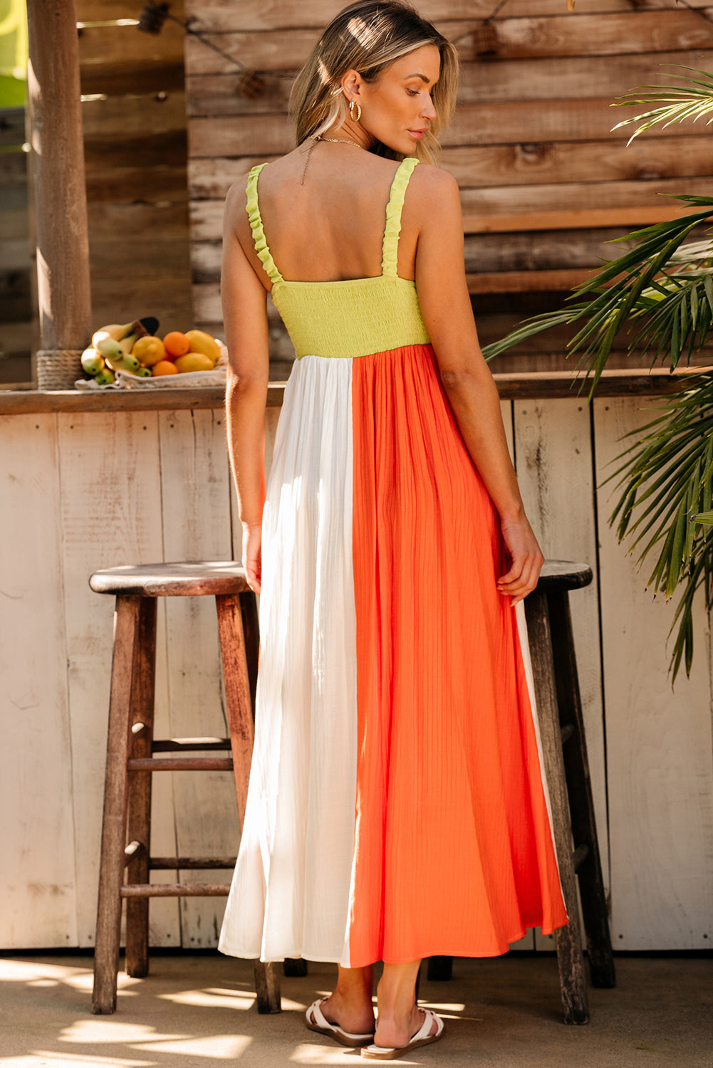 Green Color Block Shirred High Waist Fit and Flare Maxi Dress