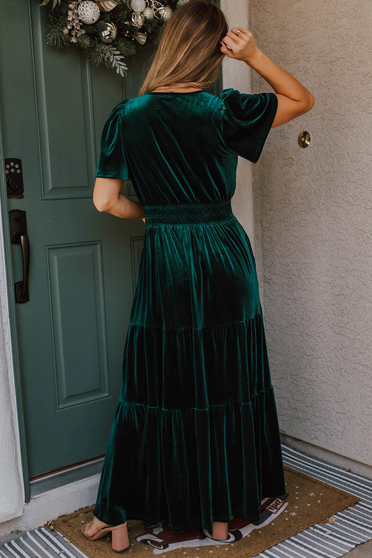 Velvet Short Sleeve Shirred Waist Tiered Maxi Dress