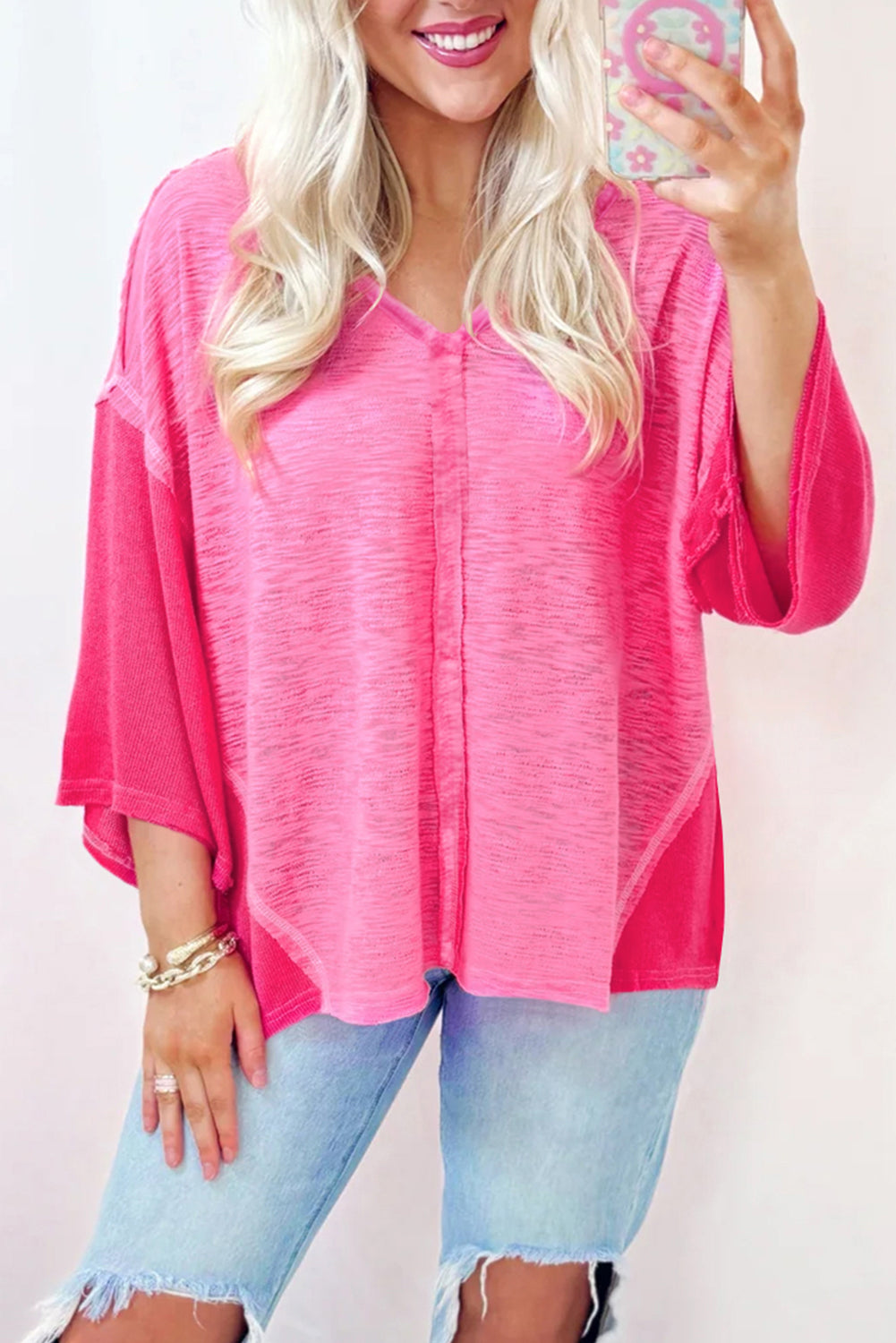 Sachet Pink Contrast Patchwork 3/4 Sleeve V Neck Loose Blouse