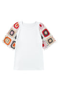 Turquoise Floral Crochet Short Sleeve Top - BB Fashion Outlet