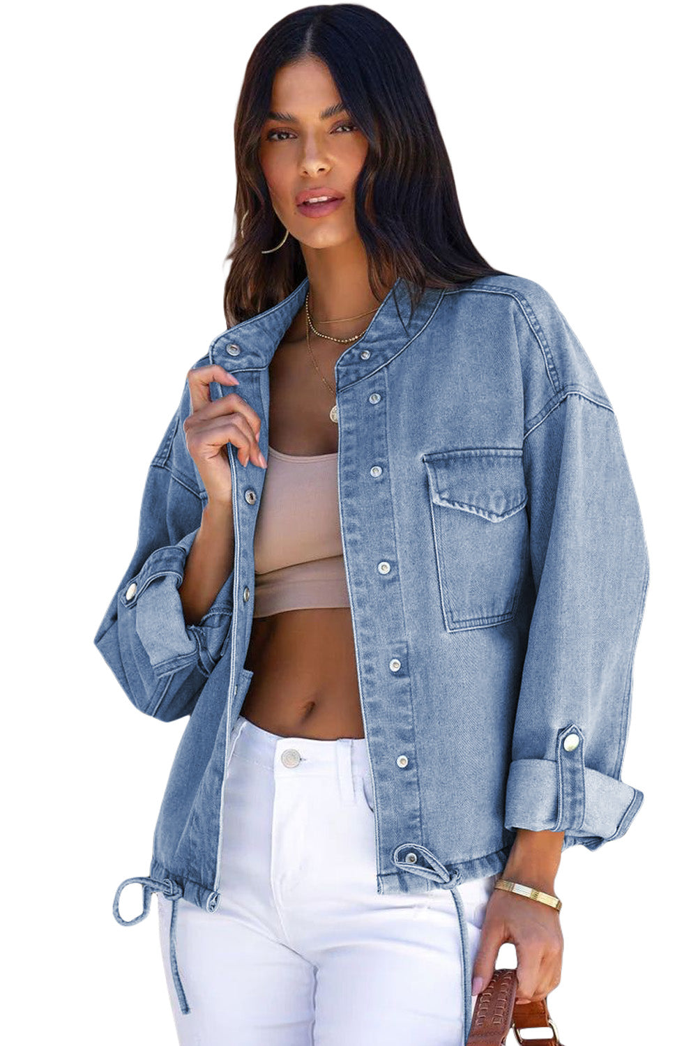 Sky Blue Roll-Up Tab Sleeve Button Down Pocket Denim Jacket