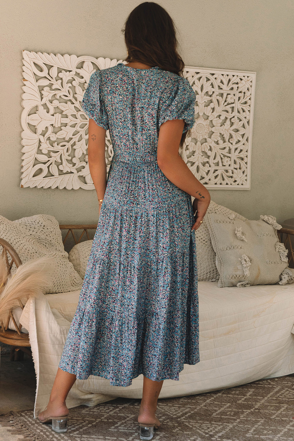 Blue Printed V Neck Shirred Short Puff Sleeve Maxi Dress