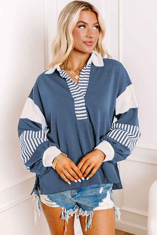 Sail Blue Striped Colourblock Patchwork Collar Sweatshirt