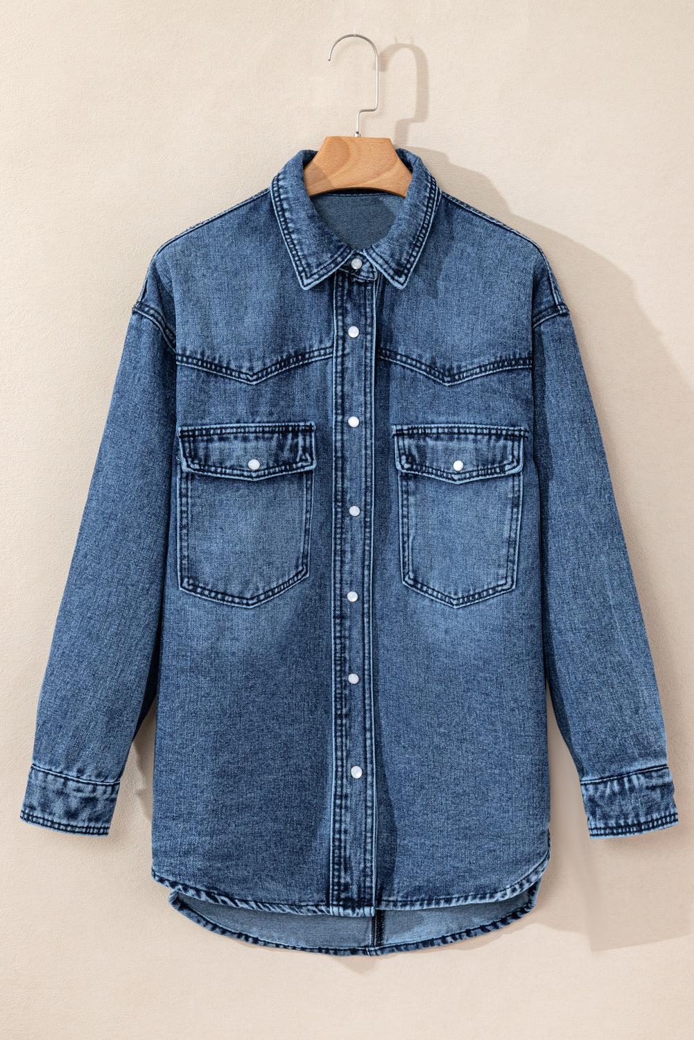 Sail Blue Flap Pocket Snap Button Wash Denim Shacket