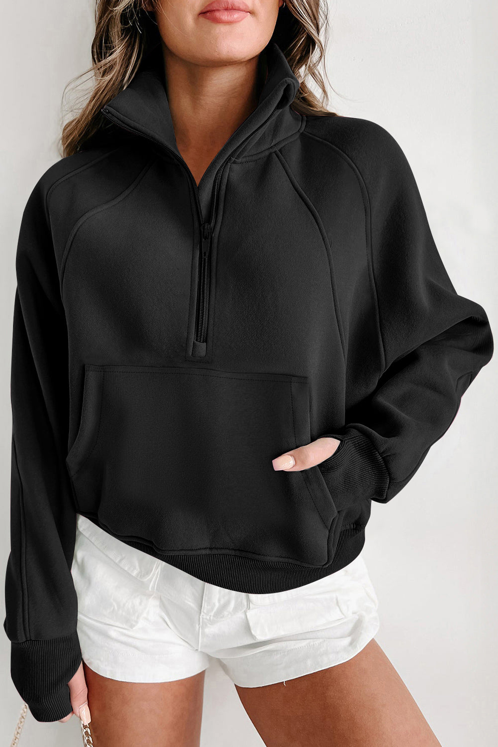 Valerian Quarter Zip Stand Neck Kangaroo Pocket Sweatshirt