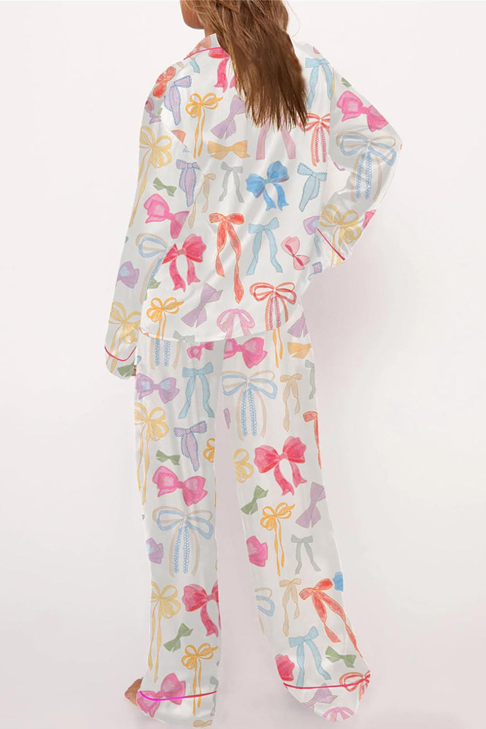 White Bow Knot Print Lapel Collar Wide Leg Satin Pyjamas Set