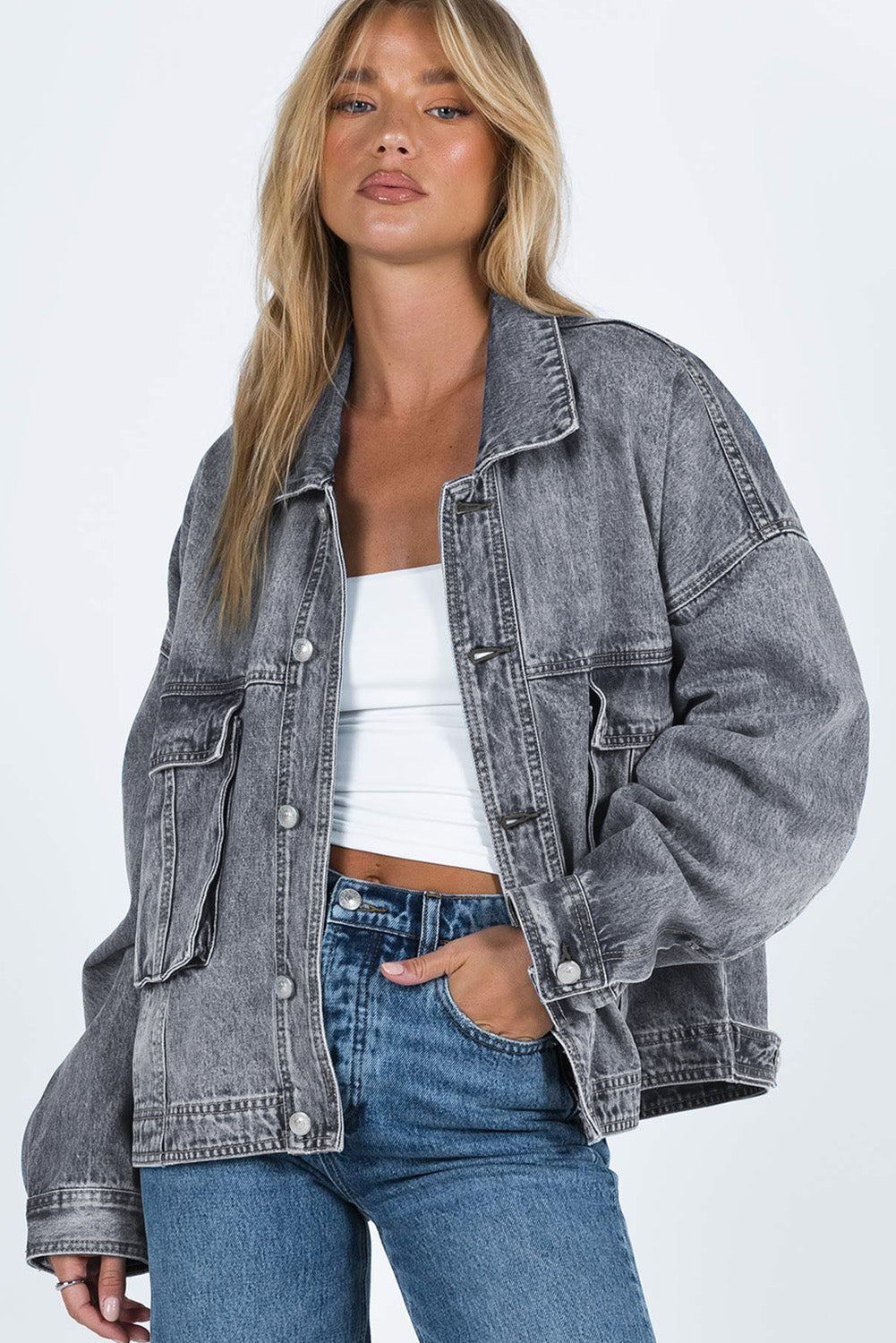 Grey Chest Pockets Drop Shoulder Loose Denim Jacket