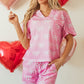 Pink Waffle Knit Bowknot Printed V Neck T Shirt and Shorts Set