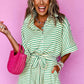 Green Stripe Textured Short Sleeve Collared Buttoned Waist Tie Romper