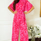 Rose Leopard Loose Sleeve Belted Wide Leg Jumpsuit