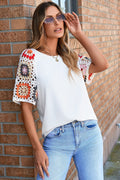 Turquoise Floral Crochet Short Sleeve Top - BB Fashion Outlet